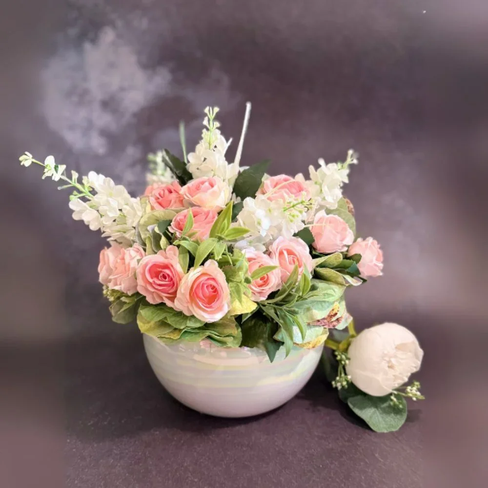 Faux Pink Rose Floral Arrangement Centerpiece in Ceramic Pearl Bowl